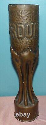 13.5 Brass Trench Art Carved Shell Casing Verdun World War 1, WWI