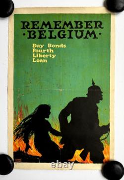 1918 WWI Poster Remember Belgium Ellsworth Young Fourth Liberty Loan Propaganda