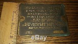1918 Wwi Military Ordnance Dept 48675 Nash 4017f Truck Chasis Plate ID Tag