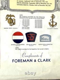 1936 Victory That Peace Might Live WWI Foreman & Clark Poster Army Insignia