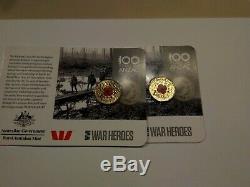 2015 One Dollar $1 Red Poppy WW1 Anzac Coin X2 carded