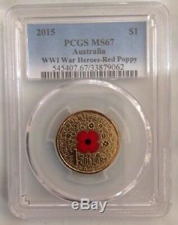 2015 War Heros $1 ANZAC WW1 Red Poppy PCGS MS67 Rare Hard To Find