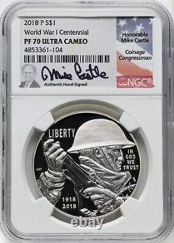 2018-P Silver Dollar World War 1 Centennial NGC 70 Ultra Cameo, Mike Castle Sig