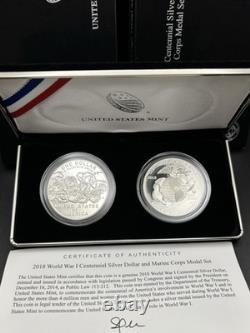 2018 World War 1 Centennial Silver Dollar And Marine Corps Medal Set OGP/COA