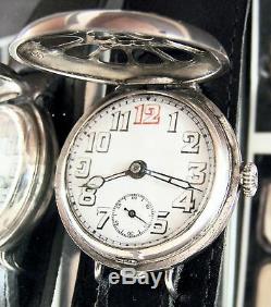 Antique 1917 Ww1 Solid Silver Military Trench Watch + Silver Flip Up Guard Runs