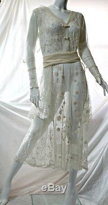 Antique Edwardian WW1 1900s Brussels Princess lace wedding dress, 28 waist