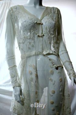 Antique Edwardian WW1 1900s Brussels Princess lace wedding dress, 28 waist
