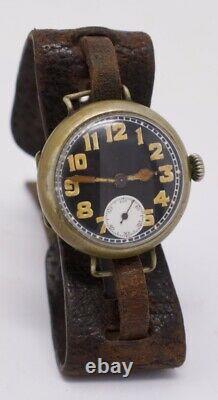 Antique Fulton WWI Trench Wristwatch, Black Radium Dial, Original Leather Strap