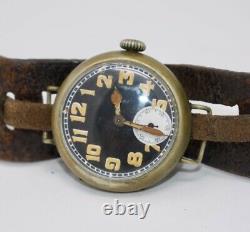 Antique Fulton WWI Trench Wristwatch, Black Radium Dial, Original Leather Strap