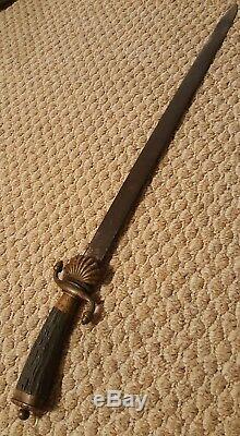 Antique German WWI Hunting Cutlass Forestry Sword Stag Horn Handle, Brass Acorns