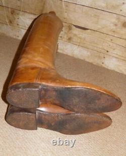 Antique Military Gents Tan Leather Long Riding Boots & Trees Size UK 9 By Peal