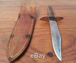 Antique USA Bowie hunting knife Stag Bone fighting 1909' old ww1 era withcase Vint