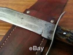 Antique USA Bowie hunting knife Stag Bone fighting 1909' old ww1 era withcase Vint