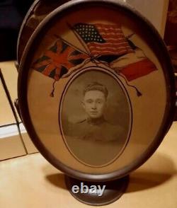 Antique Unique & Rare World War I Picture Of Soldier In Metal Round Frame