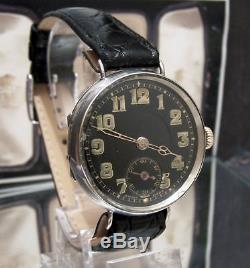 Antique Vintage 1918 Blk Dial Solid Silver Ww1 Officers Trench Watch Rare Guard