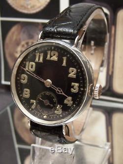 Antique Vintage 1918 Blk Dial Solid Silver Ww1 Officers Trench Watch Rare Guard