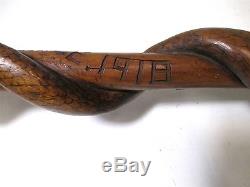 Antique WWI Hand Carved Wood Snake Walking Stick Cane 1918 Battle of Grand Pre +