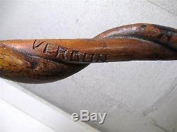 Antique WWI Hand Carved Wood Snake Walking Stick Cane 1918 Battle of Grand Pre +