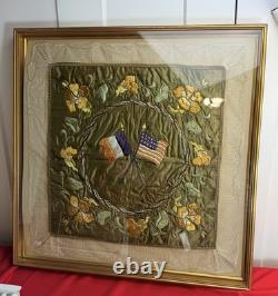 Antique WWI Souvenir de France Silk Embroidery Framed Crossed Flags 24 x 24