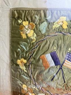 Antique WWI Souvenir de France Silk Embroidery Framed Crossed Flags 24 x 24