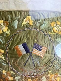 Antique WWI Souvenir de France Silk Embroidery Framed Crossed Flags 24 x 24