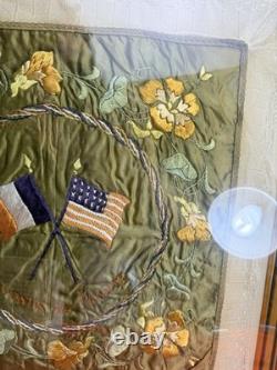Antique WWI Souvenir de France Silk Embroidery Framed Crossed Flags 24 x 24