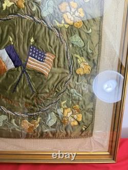 Antique WWI Souvenir de France Silk Embroidery Framed Crossed Flags 24 x 24