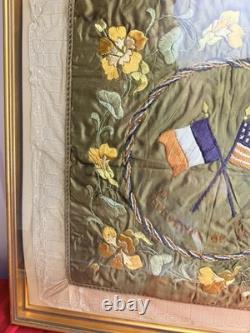 Antique WWI Souvenir de France Silk Embroidery Framed Crossed Flags 24 x 24