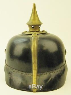 Antique WWI Spiked Prussian Leather & Metal Helmet Inscribed Furchtlos Und Trew