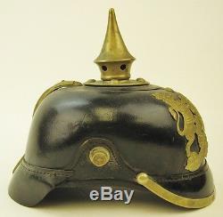 Antique WWI Spiked Prussian Leather & Metal Helmet Inscribed Furchtlos Und Trew