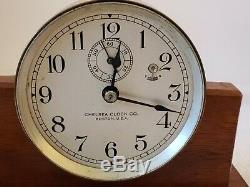Antique Working 1920's CHELSEA Brass 8 Day Wind-Up Desk Clock with Wood Base
