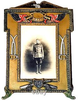 Antique World War 1 Cast Iron 1917 Patriotic Frame w RPPC of US Soldier WW1