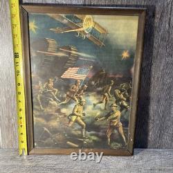 Antique World War 1 Framed Artwork OVER THE TOP U. S. A Renesch 17x13