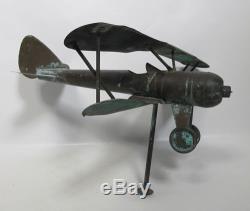 BARN FLOWN! Antique WWI 1920's Folk Art Copper Airplane Biplane Weathervane yqz