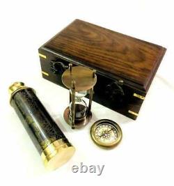 Brass Antique Item Telescope, Compass & And Timer With Wooden Box Combo 3 Replica