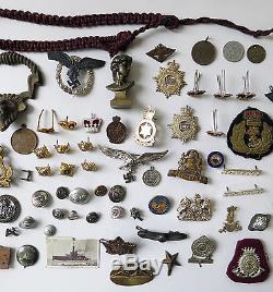 Collection of World Military Badges Titles Pips Buttons Souvenirs & WWI Whistle