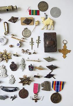 Collection of World Military Badges Titles Pips Buttons Souvenirs & WWI Whistle