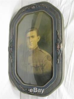 Early WWI Era Military Soldier Photo Gesso on Wood Bubble Dome Glass Frame Army