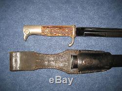 GERMAN WW1 STAG HANDLE VERTICALY MARK BAYONET WITH WITH DENTS FREE SCABBARD