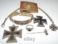 LOT 9 Rare WW1 WW11 German Iron Cross Pin Bracelet Fob Ring Buckle Medals Ribbon