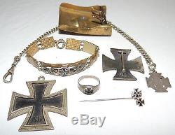 LOT 9 Rare WW1 WW11 German Iron Cross Pin Bracelet Fob Ring Buckle Medals Ribbon