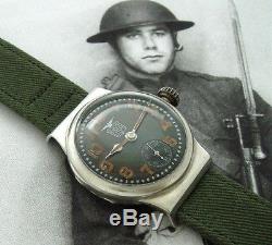 Men's Historic WWI Elgin Trench Watch with Silver Hinged Case Black Dial SERVICED