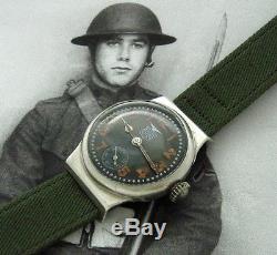 Men's Historic WWI Elgin Trench Watch with Silver Hinged Case Black Dial SERVICED