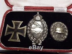 Original Ww1 German Pilots Badge, Wound Badge, And Iron Cross Cased Grouping