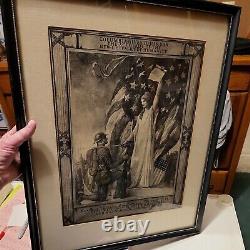 ORIGINAL World War WWI PRINT ACCOLADE Wounded in action FRAMED 22X18X1 VTG