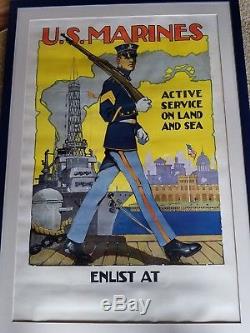 Original! 1917 Wwi Us Marines Large Poster! Linenbacked Colorful Reisenberg