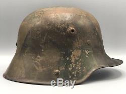 Original German WWI M17 Turtle Camo Helmet Named w Liner and Chinstrap WW1