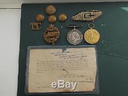 Original WW1 Tank Corps British War & Victory Medal Pair with Badges etc