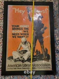 Original WWI 1918 American Library Assoc HEY FELLOWS Framed Propaganda Ad Poster
