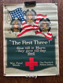 Original WWI Red Cross Poster The First Three! Hay Enright Gresham Kidder 1918